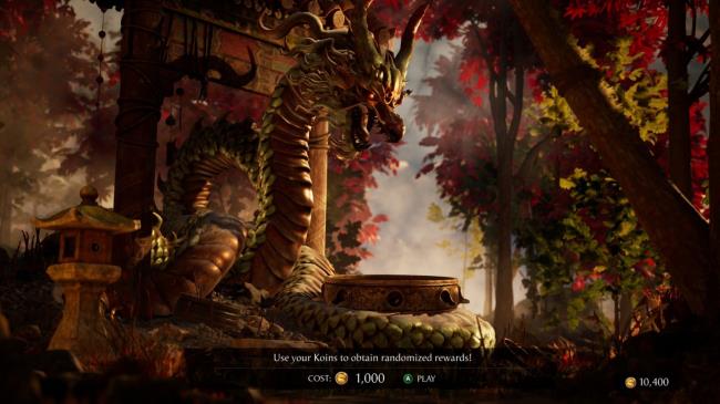 Visiting the Shrine in Mortal Kombat 1, which allows the player to spend 1,000 Koins to get something.