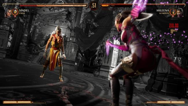 Mileena performing a powerful attack on Sindel in Mortal Kombat 1.