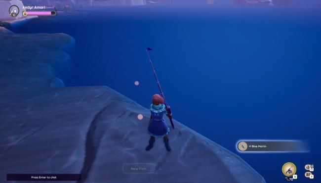 Player character catching a Blue Marlin at Beachcomber Cover in Bahari Bay in Palia.