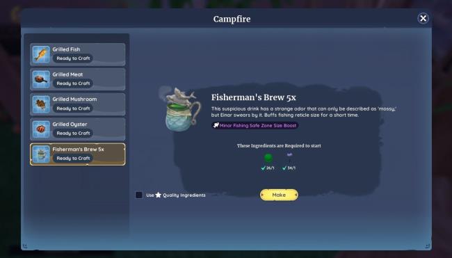 Player character in the Campfire UI and showing the recipe for the Fisherman's Brew in Palia.