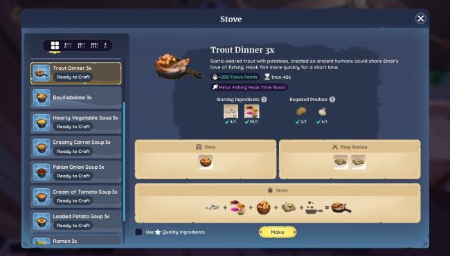 Player character in the stove cooking UI and showing the Trout Dinner recipe and cooking process in Palia.