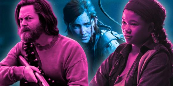 Nick Offerman as Bill and Storm Reid as Riley from The Last of Us on HBO with TLOU2's Ellie behind them