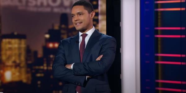 Trevor Noah talking to his audience at The Daily Show. 