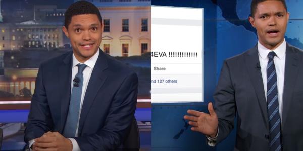 Split feature image showing Trevor Noah doing The Daily Show.